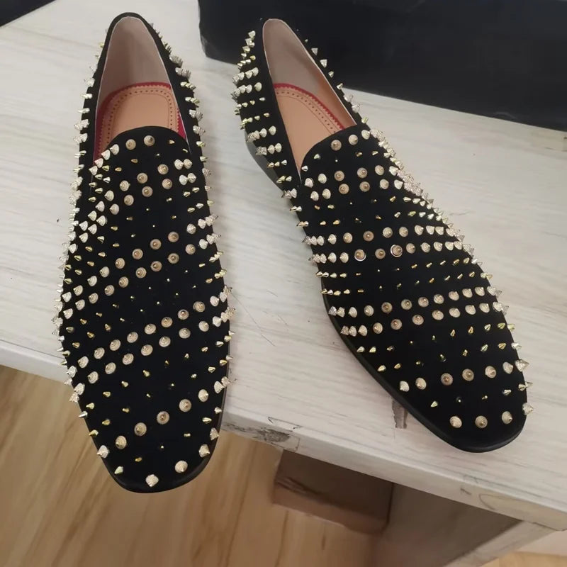 Amay New Black Suede Loafers Men Rivet Shoes Fashion Leather Formal Shoes For Men Italian Slip On Dress Shoes Party Mens Shoes