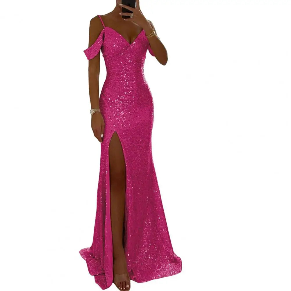 Amay V Neck Dress Elegant Sequin Ball Gown for Prom Wedding Parties Off Shoulder V Neck Maxi Dress with Side Slit Slim Fit Banquet