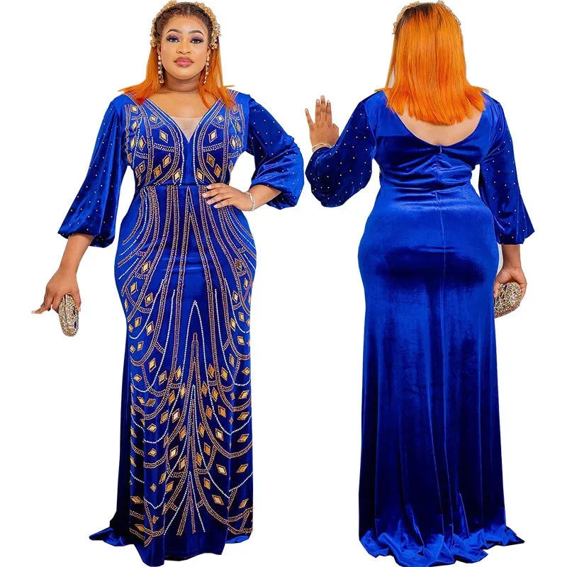 Maxy African Party Long Dresses for Women Velvet Evening Gowns Turkey Outfits Robe Africa Clothing