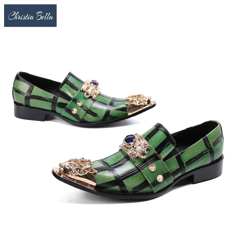 Maxy Italian Party Men Dress Shoes Business Plus Size Male Wedding Formal Shoes Shiny Metal Charm Pointed Toe Genuine Leather Shoes
