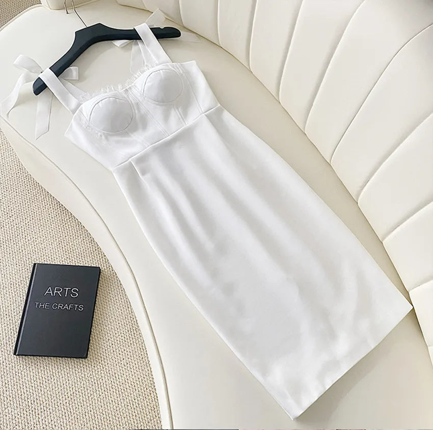 Babs High Quality Women Bow Spaghetti Strap Bodycon Dress 2024 Summer White Sleeveless Strapless Chest Pad Sheath Club Party Clothes