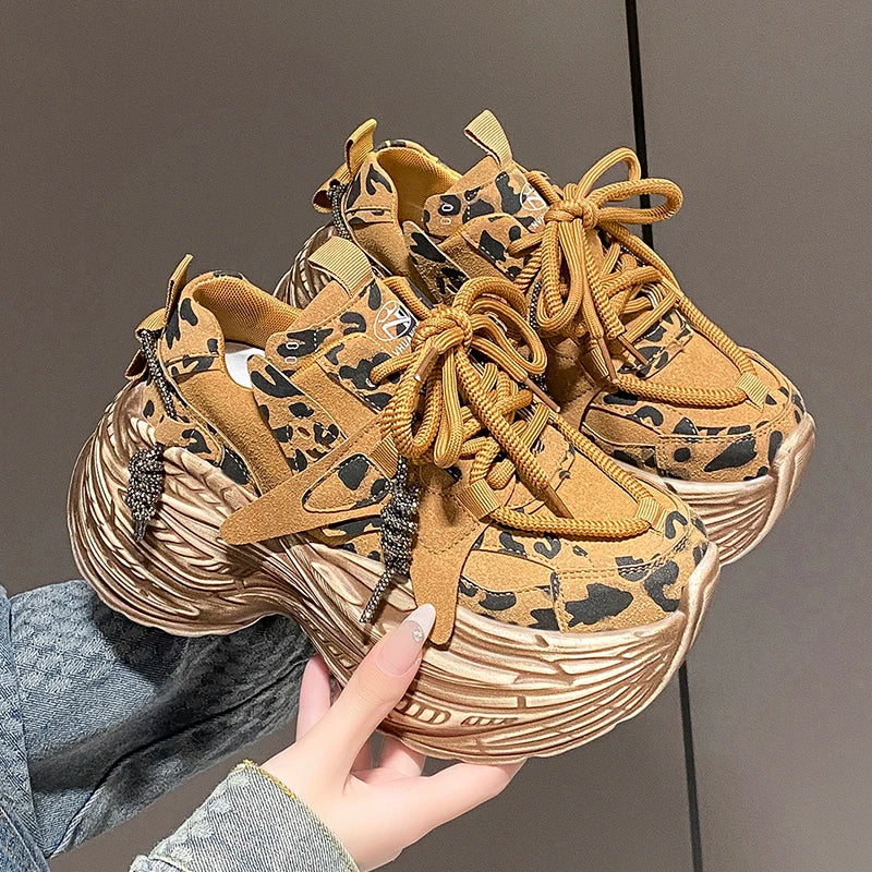 Babs High Platform Sneakers 8CM Wedge Heels Leather Walking Shoes Woman New Autumn Leopard Vulcanize Shoes Female Chunky Sneakers