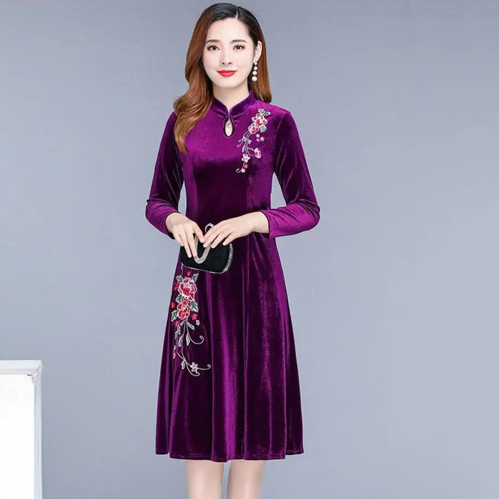 Amay Women Fall Winter Dress Flower Embroidery Hollow Out Velvet Dress Thick Big Swing Stand Collar Long Sleeve A-line Dress