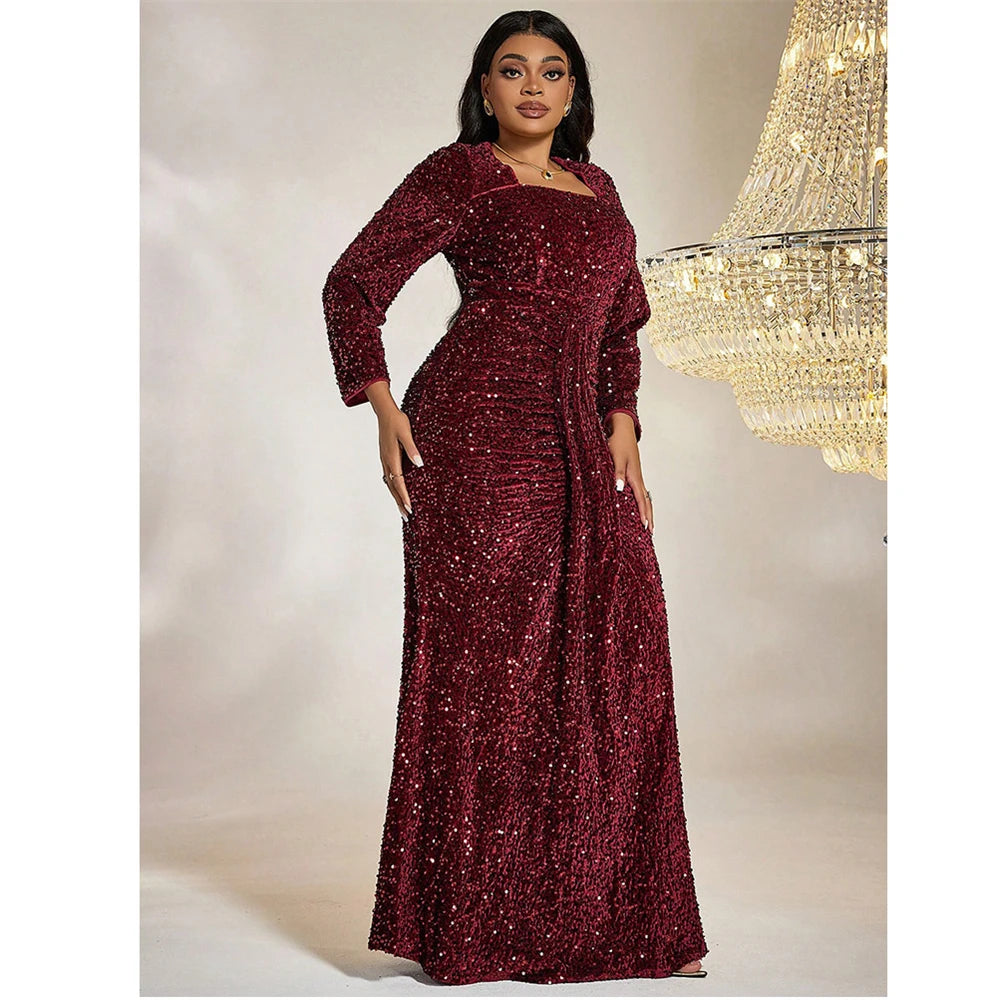 Maxy Plus Size Square Neck Sequin Luxury Extra Long Glitter Evening Gown Big Size Women Wedding Banquet Wine Red Sequin Evening Dress