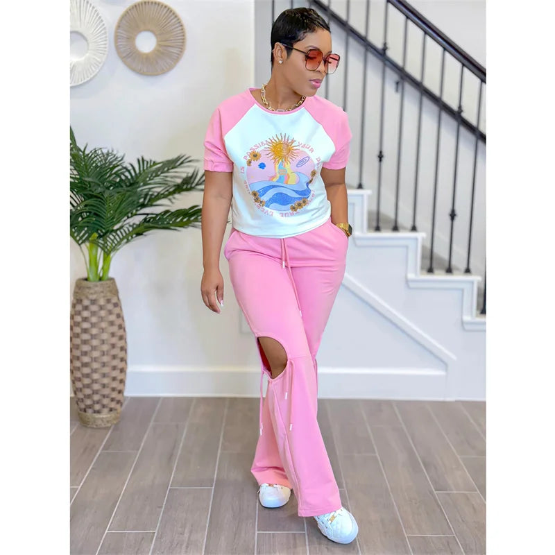 Summer Two Piece Sets Women Short Sleeve Letter Sun Print T Shirts Top Drawstring Cut Out Hole Pants Outfits Casual Tracksuits