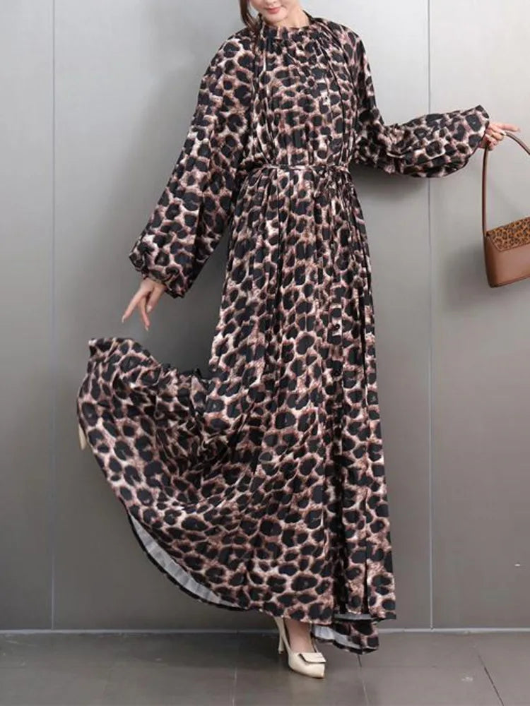 Babs Fashion Leopard Print Large Size Dress Women O Neck Loose Floor Length Long Style Casual Elegant Clothing New 5ZD1103