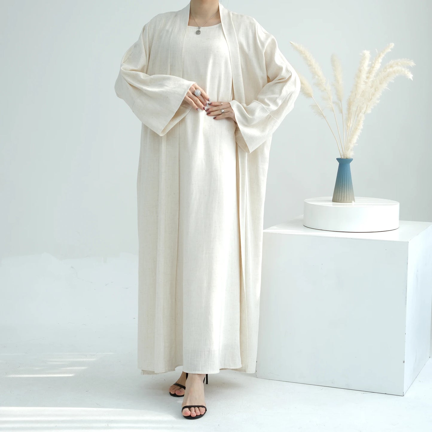 Maxy 2pcs Open Abaya Muslim Women Kimono Inner Dress Set Turkey Islamic Arab Robe Dubai Caftan Jalabiya Eid Ramadan Outfits Gown