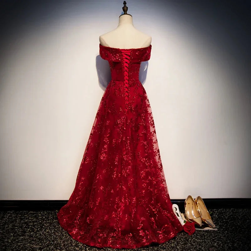 Maxy Customized Evening Dresses Burgundy Bling Tulle A-line Floor-length Off the Shoulder Plus size Woman Party Formal Gown