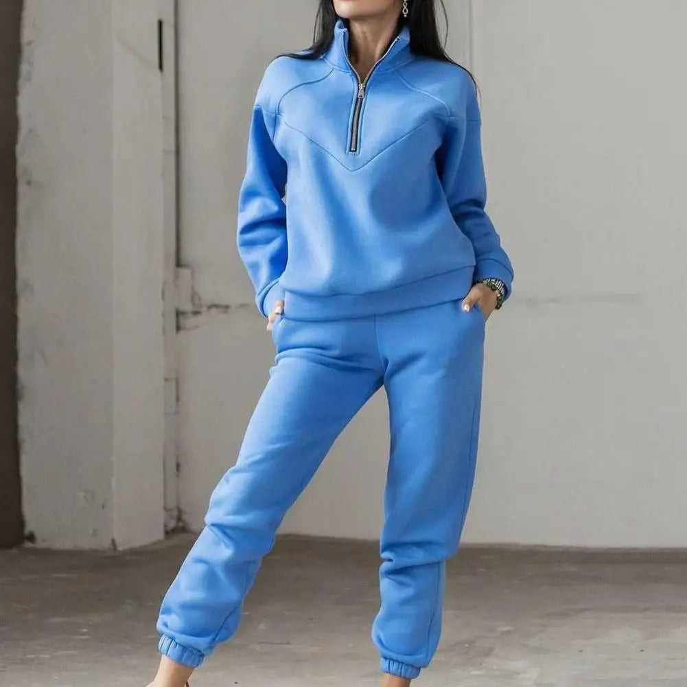 Maxy 2 Pcs/Set Fall Sweatshirt Pants Set Loose Warm Stand Collar Elastic Waist Lady Autumn Tracksuit for Daily Wear