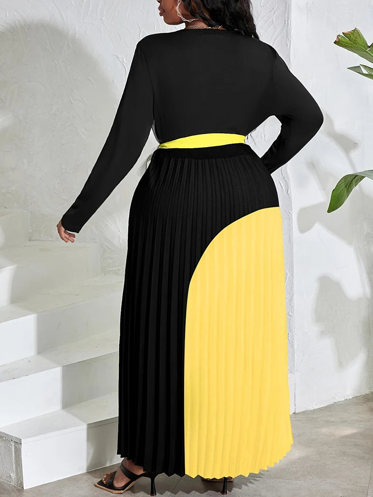 Maxy Plus Size Pleated A Line Dress for Women Spring Long Sleeve Midi Dresses Female Elegant Contrast Patchwork Dress Lady