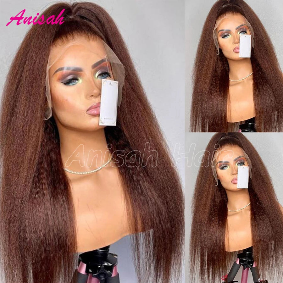 Maxy Brown Color Kinky Straight 13x6 HD Lace Frontal Wig Brazilian Glueless Yaki 13x4 Lace Front Human Hair Wigs For Women Preplucked