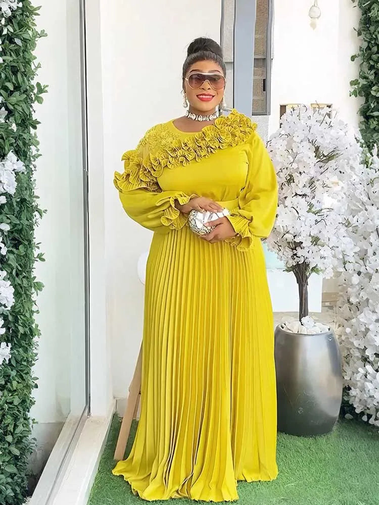 Maxy Woman Autumn Clothes Maxy Long Sleeve Dress with Belt Evening Birthday Elegant and Chic Pleated Dress Plus Size Party Dress