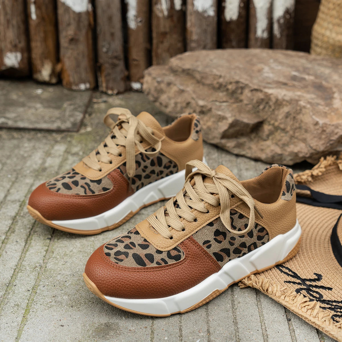 Maxy Women Casual Platform Shoes Round Toe Low-top Leopard Wedge Sneakers Women Comfortable Lace Up Outdoor Shoes for Women