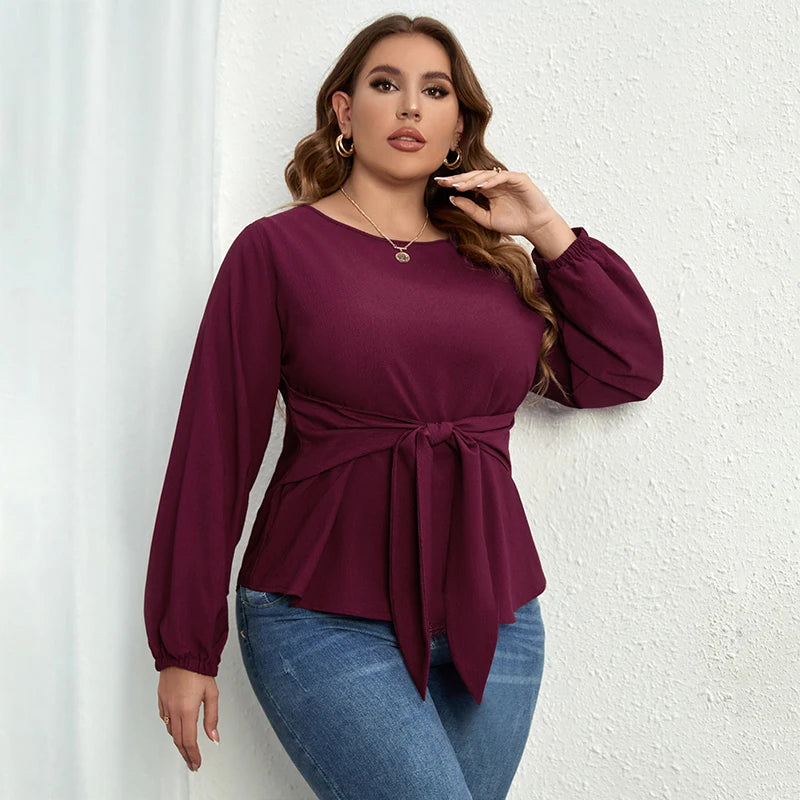 Maxy Plus Size Women Clothing O-Neck Solid Tops Fashion Elegant Long Sleeve Office Female Casual Large Size Lady Blouses