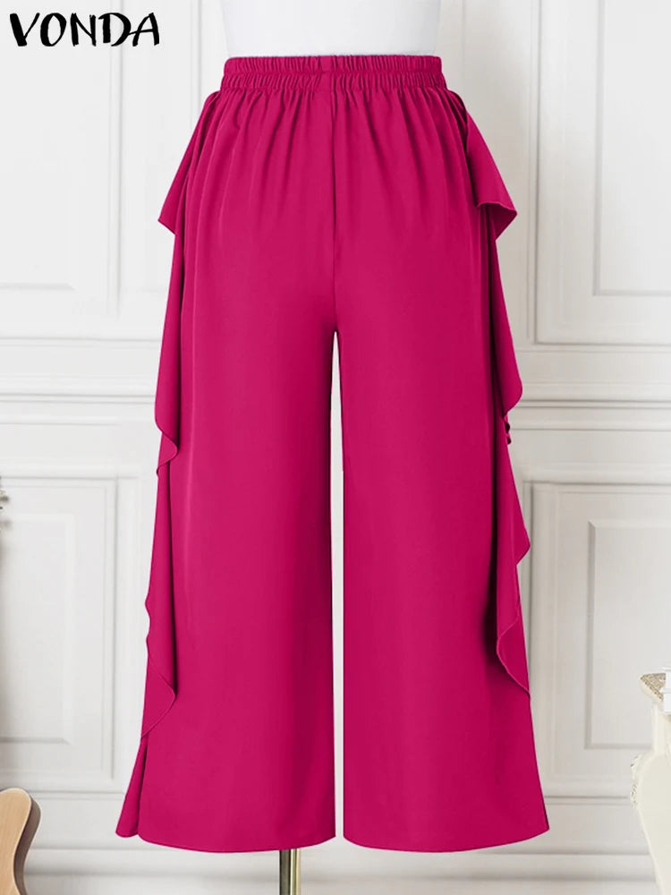 Maxy Plus Size Women Long Wide Leg Pants Solid Color Casual Loose Ruffled Elastic Waist Trousers Fashion Bottoms Oversized