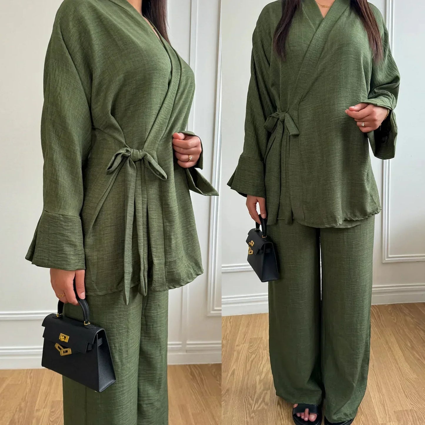 Maxy Plain Abaya Dubai Luxury Muslim Two Piece Set Turkey Top and Pants Suit Sets Ramadan Islamic Modest Outfits Ensembles Musulmans