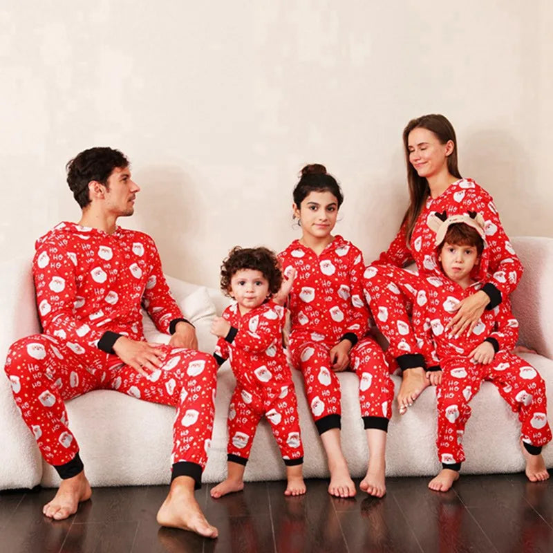 New Christmas Gift for Family Pajamas Cute Deer Ear Hooded Jumpsuit Mother Father Kids Baby Outfit Rompers Xmas Family Look Set