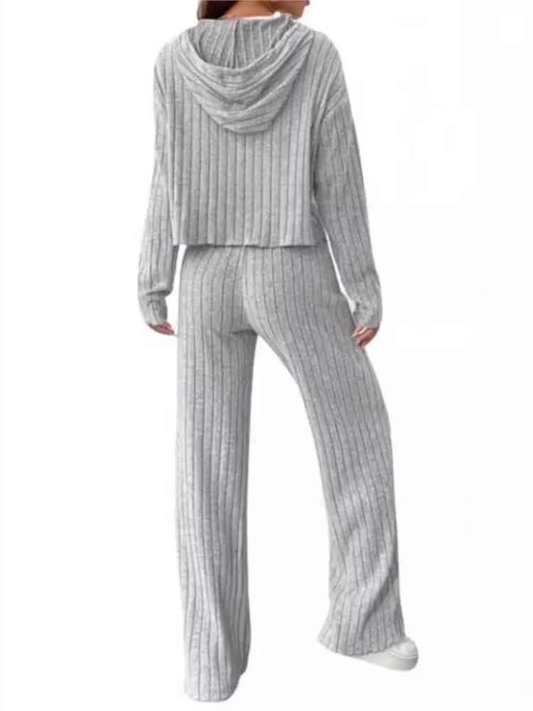 Maxy Spring Autumn Women's New Solid Color Casual Knitted Striped Hooded Sweatshirt Loose Long Sleeved Long Pants Two-piece Set