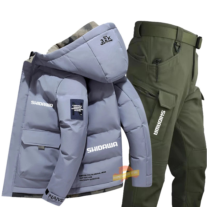Maxy New Fishing Suit Men Winter Down Clothing Windproof and Coldproof Mountain Climbing Jacket + Waterproof Warm Pants Two-piece Set