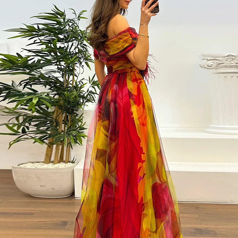 Maxy Spring Summer New Mesh Evening Dress Vintage Pattern Printed High Waisted Long Dress New One Shoulder Pleat Banquet Swing Dress