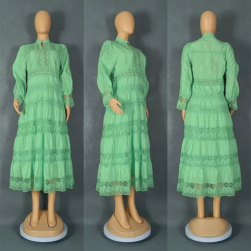 Amay Elegant Dress Women for Wedding Party Spring Autumn African Long Sleeve Polyester Lace Long Dress Dashiki African Clothes