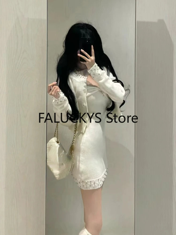 Maxy Autumn French Elegant Dress 2 Piece Set Women Party Slim Mini Dress + Office Lady Casual Outwaer Cardigan Korean Fashion