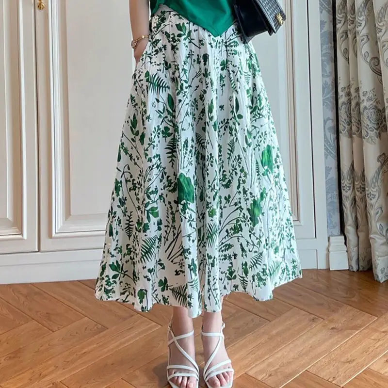 Maxy Women's Summer Chic Print Midi Skirts Green Short T Shirts Two Piece Set New Lady Fashion Pleat Tops Skirt Outfits