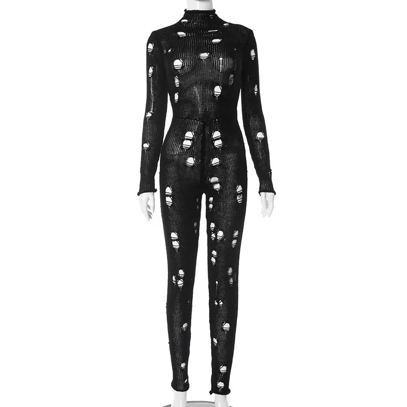 Amay Hollow Out Knit Slim Plain Ripped Jumpsuits Stand Collar Distressed Bodycon Lady Streetwear Casual Women Long Sleeve Jumpsuit