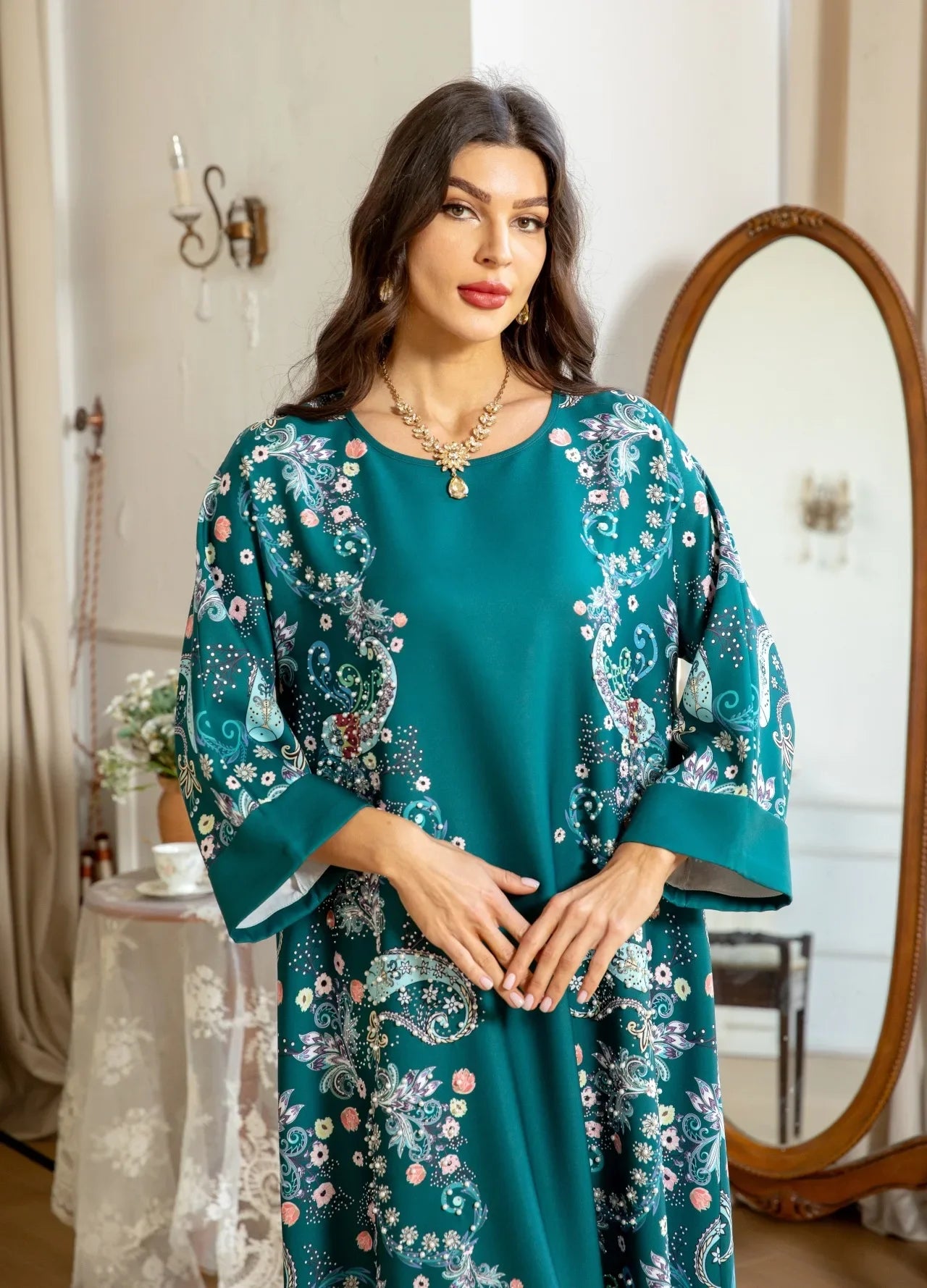 Amay Elegant Arab Saudi Printing Pearls Long Dresses Galabia Muslim Eid Women Abayas Islam Clothing Turkish African Kebaya New