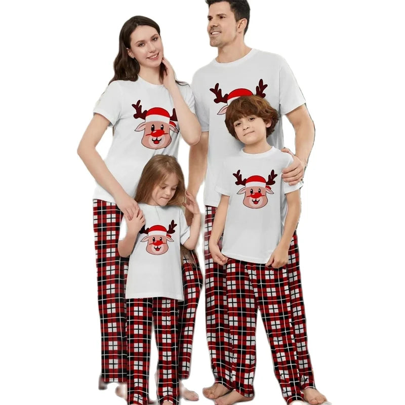 Short Sleeve Christmas Family Matching Outfits Elk Father Mother Kids Pajamas Sets Plaid Daddy Mommy and Me Xmas Clothes 2024