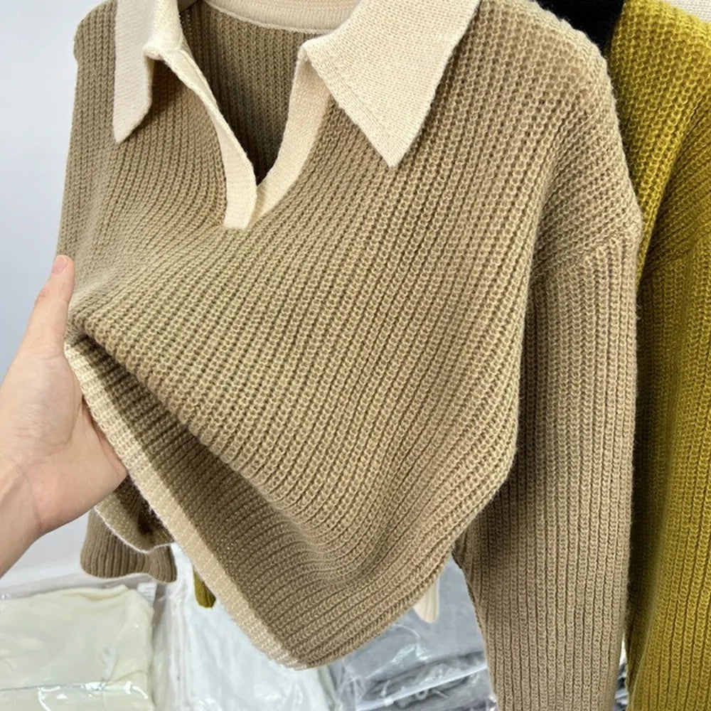 Maxy Women Pullovers Paneled Breathable Long Sleeve Knitted Cozy Sheer Loose Young Streetwear American Style