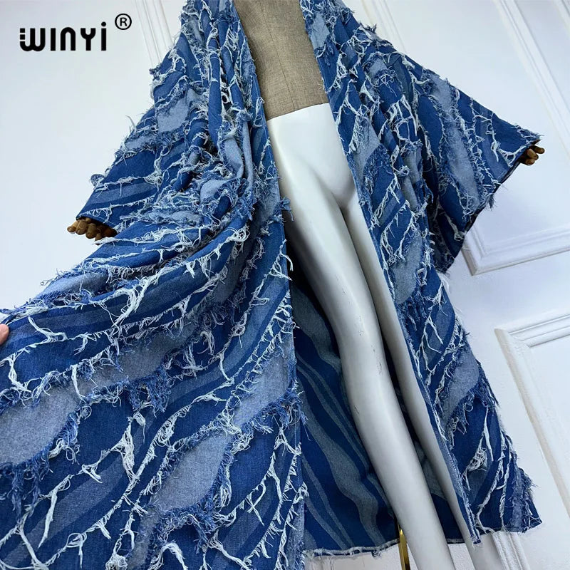 Maxy Kimono Washed jacquard denim with spliced raw edge Cardigan maxy Dress elegant Party Swimming beach Cover Up dress abaya