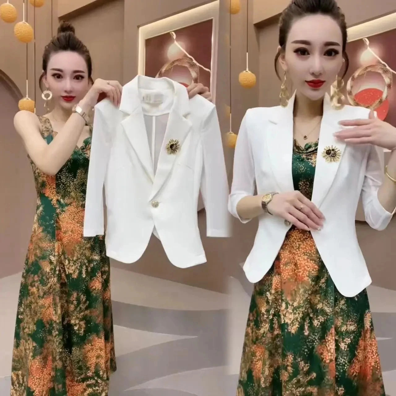 Maxy Popular High-End Brooch Blazer Slip Dress Suit Jacket Women's Summer Fashion Blazer Suit Skirt Two-Piece Set Sling Print Dress