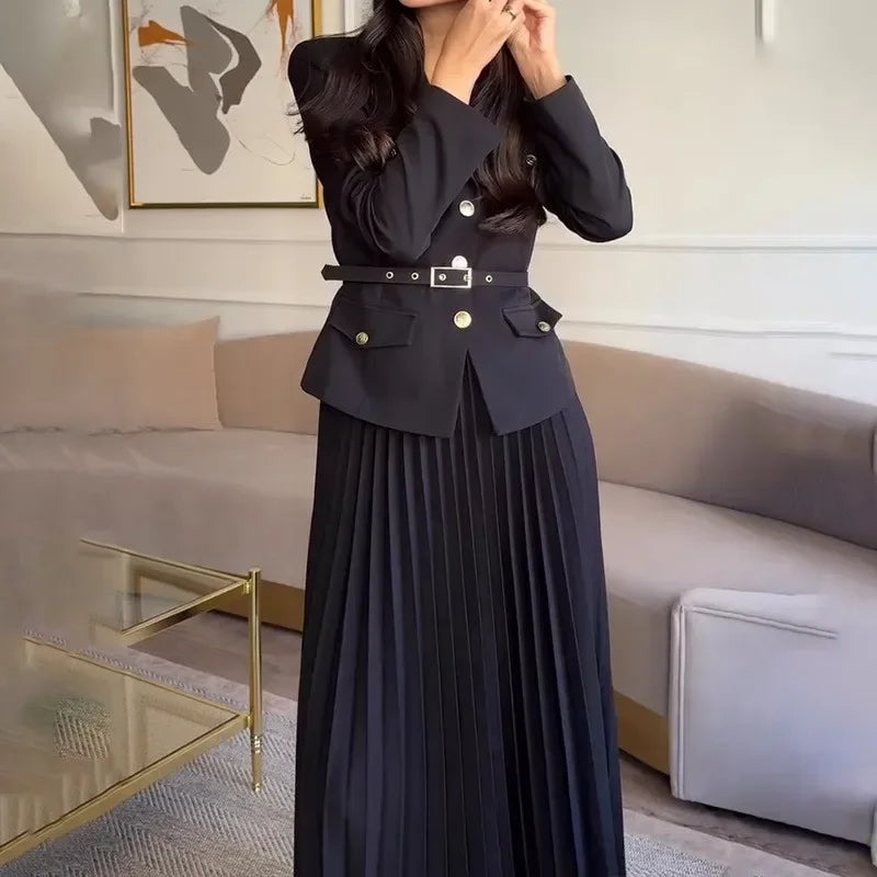 Maxy Women's Two Pieces Set Blazer Lady Pleated Long Dress Spring New in Matching Sets Button Temperament Elegant Women's Sets