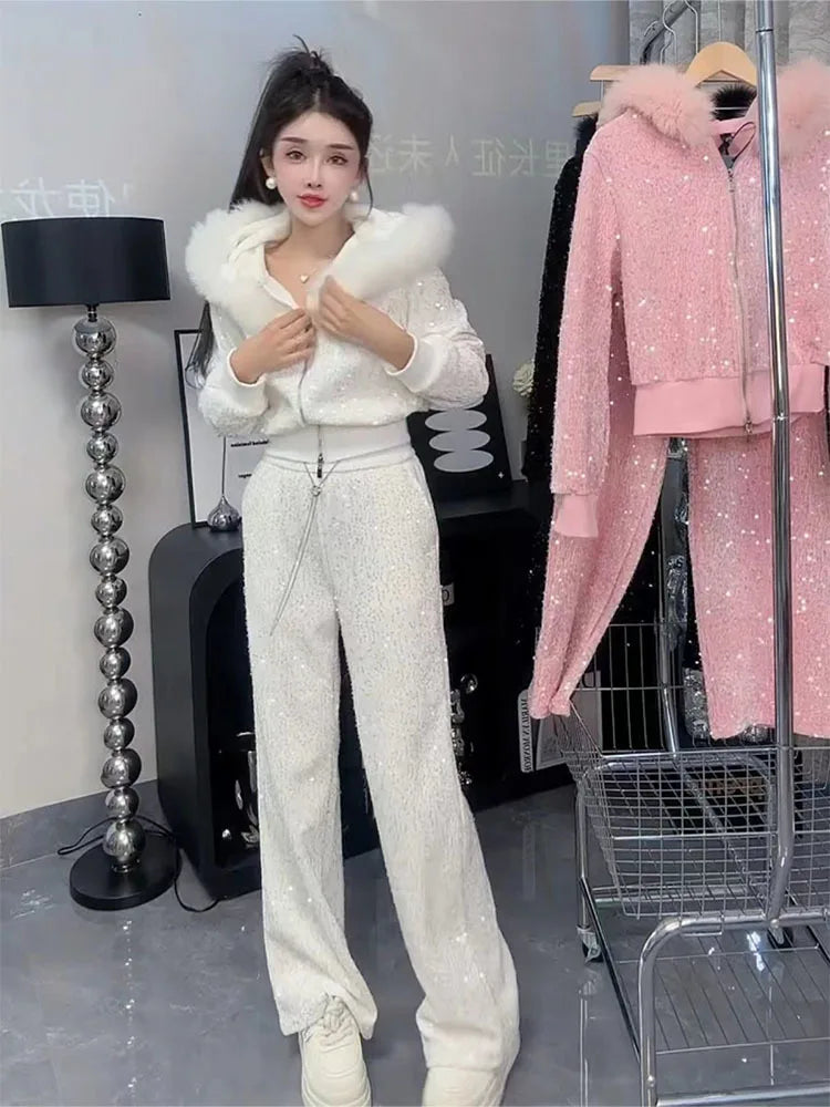 Maxy Fashion plush Casual set Autumn Winter design with fur collar sequin hooded sweater Coat and wide leg pants two-piece sets