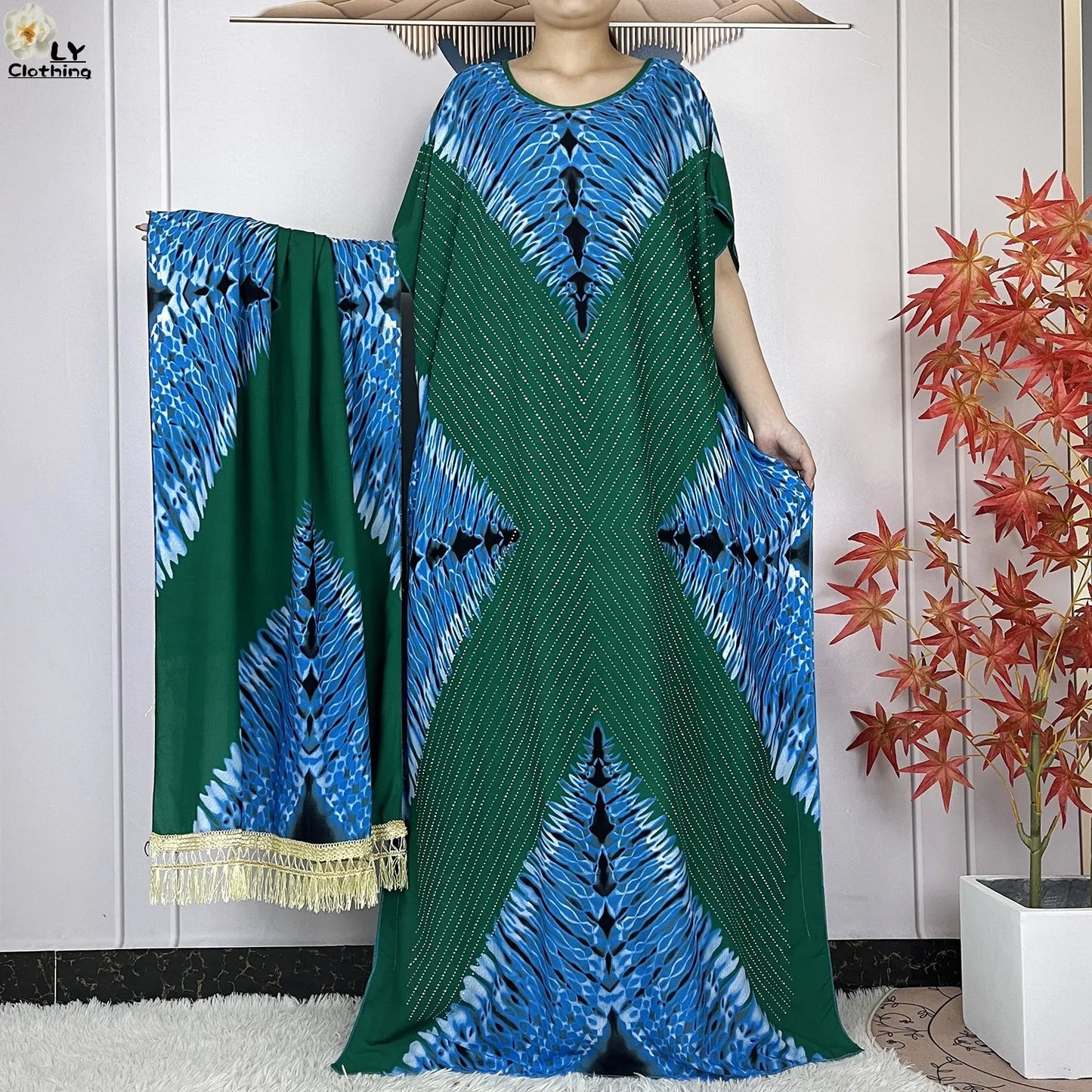 Maxy New Muslim Women Dashiki Printed Dress Flower Diamonds Loose Dress With Big Scarf Islamic African Women Short Sleeve Abaya
