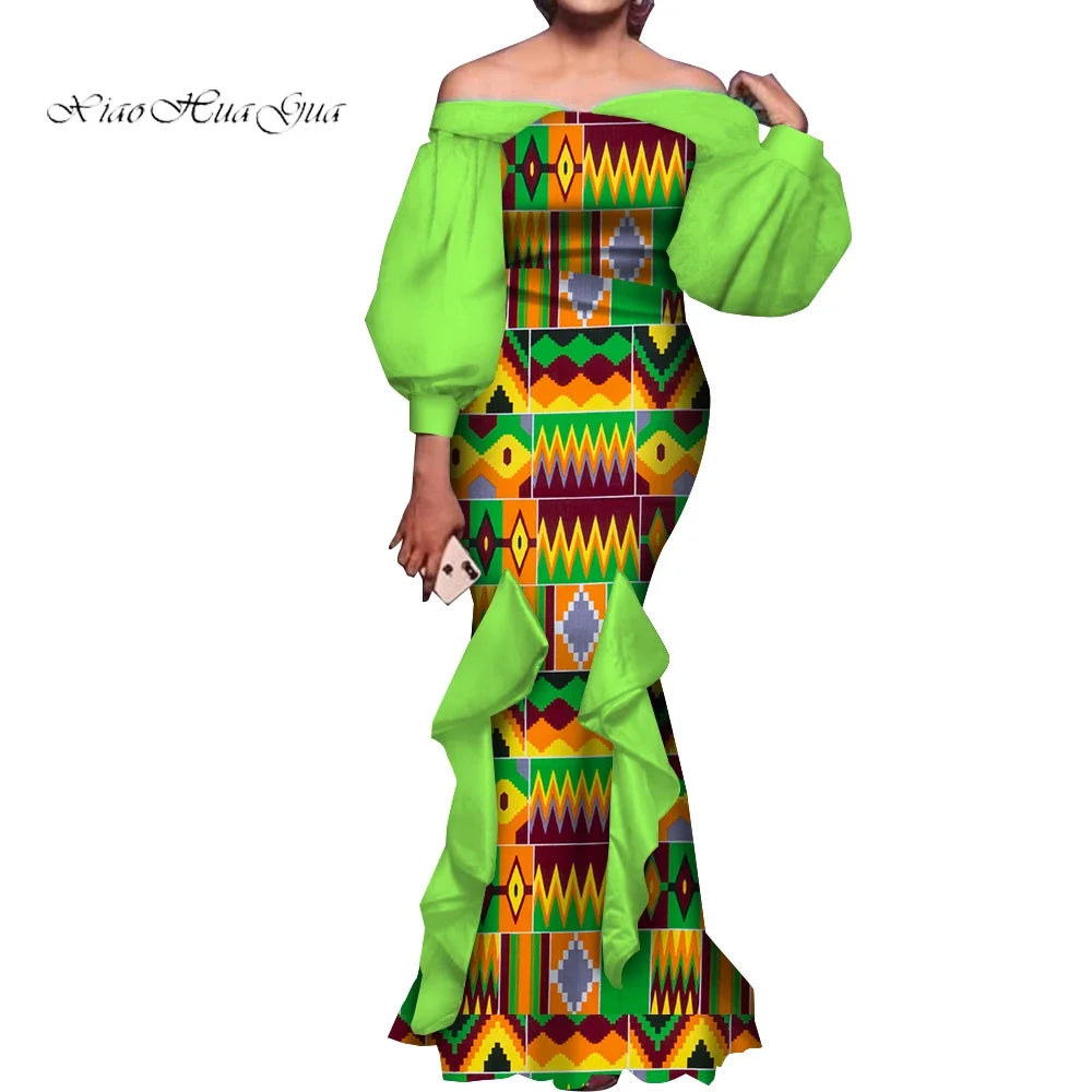 Amay Fashion Women Ankara Dresses Flash Neck Puff Sleeve Long Dress African Dress Robe Africaine Femme Evening Mermaid Dress WY1848