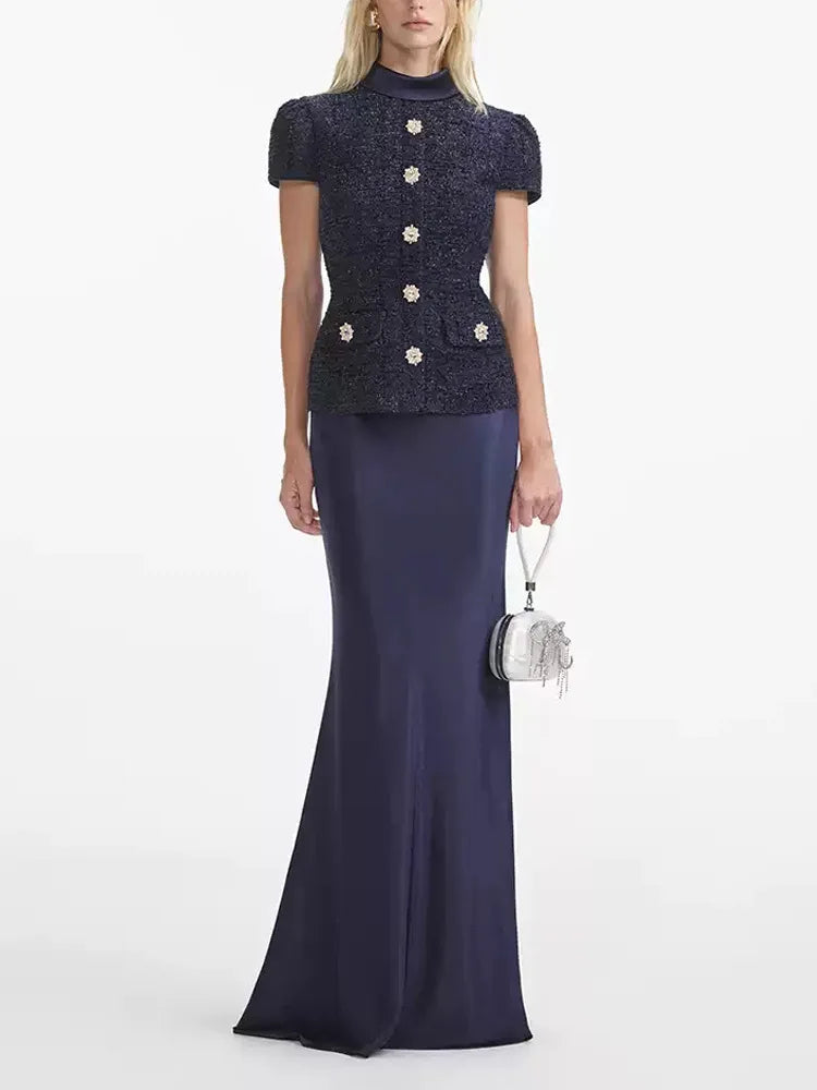Maxy Formal Luxury Evening Dresses Women Summer Autumn Single Breasted Crystal Satin Tweed Long Dress Blue Party Dinner