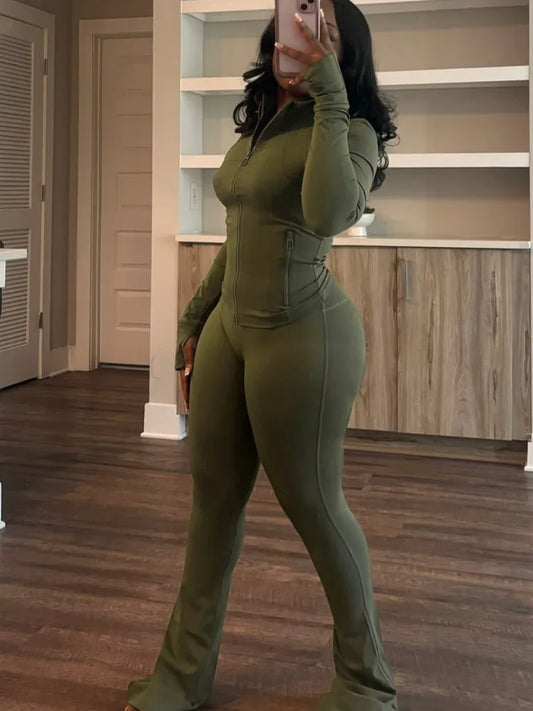 Maxy Autumn Casual Solid Sporty Two Piece Sets Elegant Women Stand NeckZipper Long Sleeve Slim Top & Skinny Pants Outfits Tracksuits