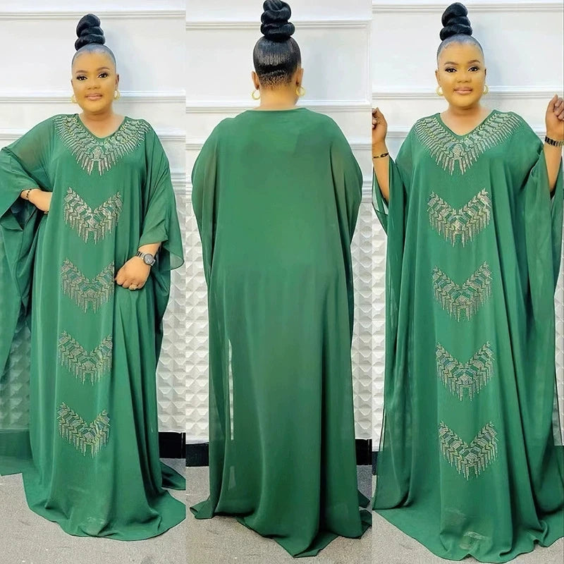 Maxy Ramadan Moroccan Muslim Luxury Fashion Robe Women's Wear African Large Fat Mask Robe Hot Diamond Two Piece Dress Set