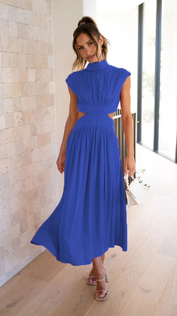 Maxy Summer Solid Color Sleeveless Dresses Women Temperament Elegant Stand Collar Hollow Out A-line Long Dress Ladies Trendy Vestidos