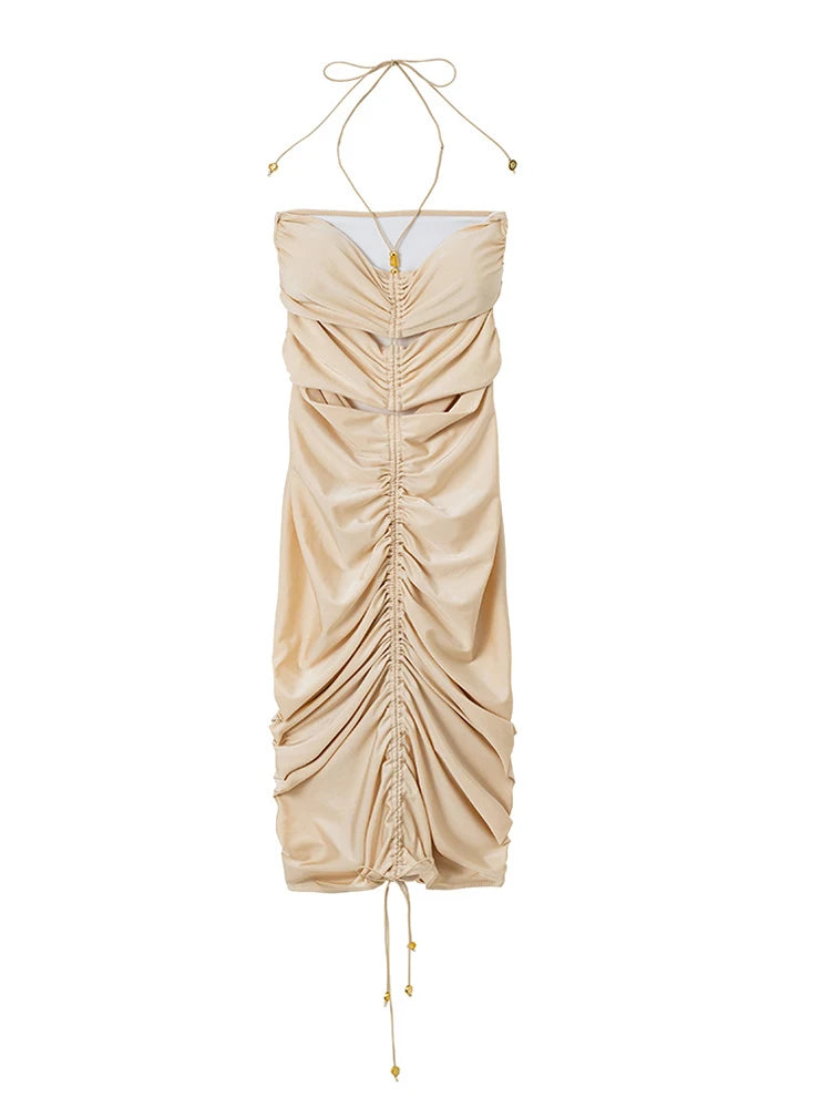 Maxy Women's Hollow Shoulder Halter neck Sleeveless Summer Beach Party Dress Sexy Female Waist Hollow Drawstring Midi Dress