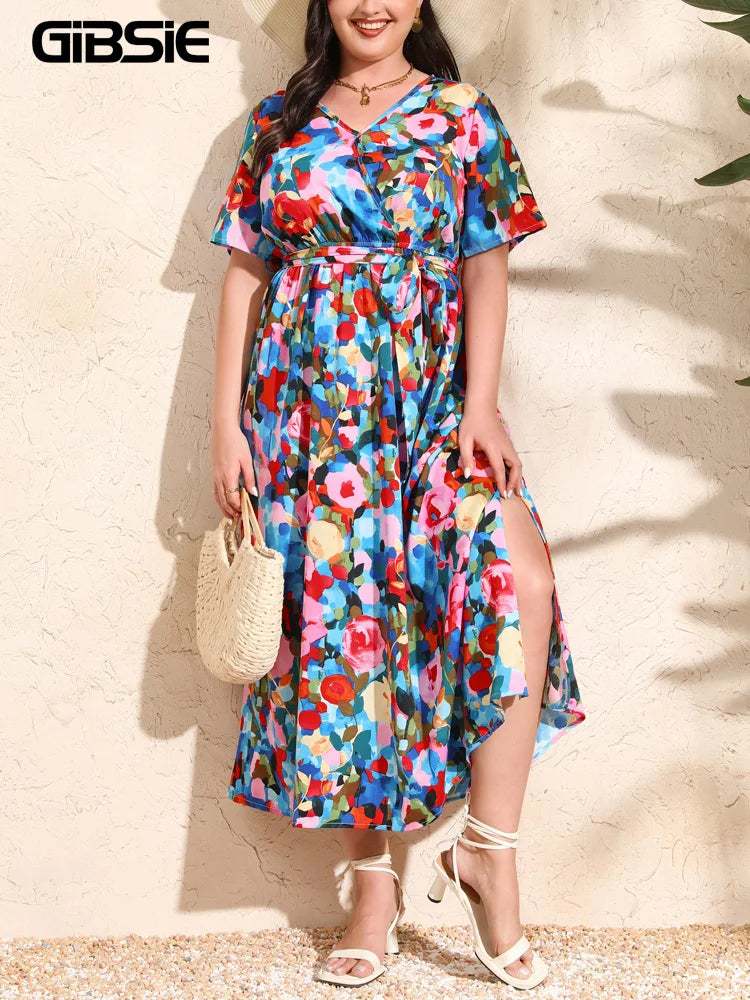 Maxy Plus Size Boho Print Vacation Maxy Dress Women Summer V Neck Short Sleeve Beach Split A-Line Dresses With Belt