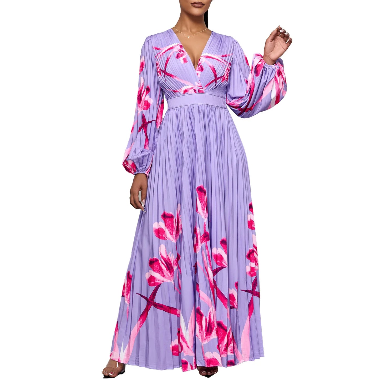 Amay Pleated Dresses Elegant Long Lantern Sleeves V Neck Printed Church Dress for Women Prom Occasion Wedding Guest Modest Gowns