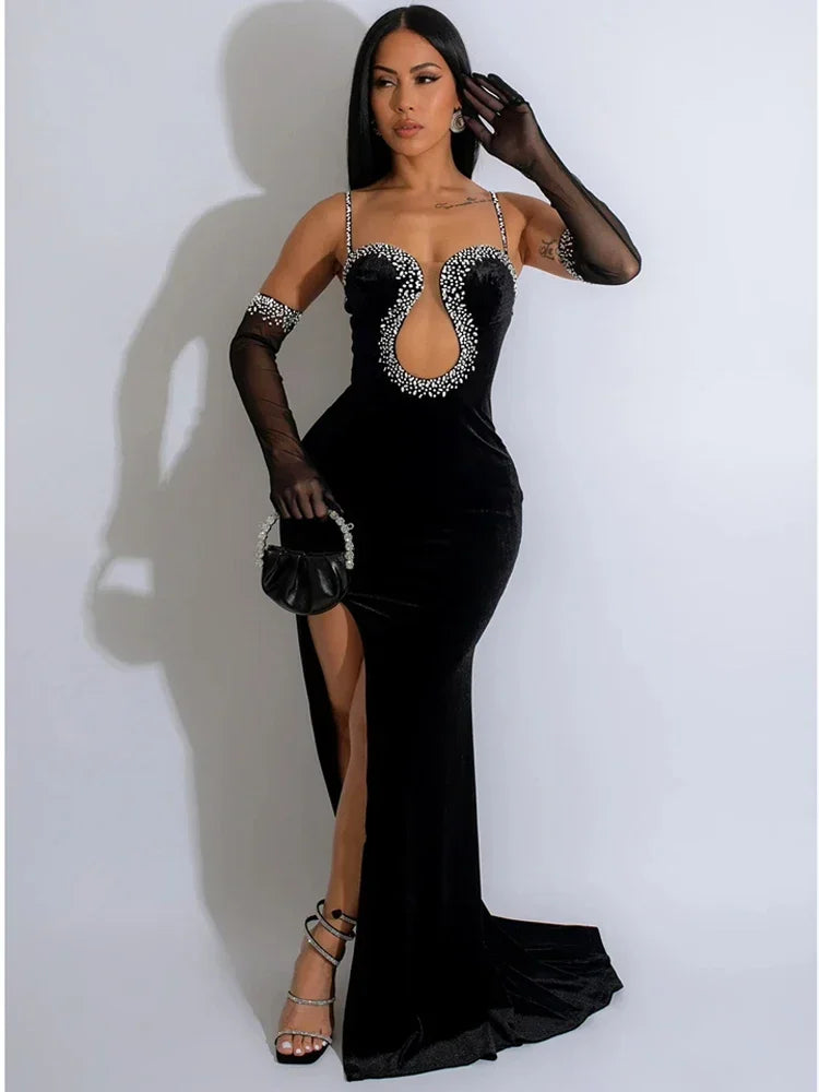 Maxy Dress Luxury Woman Evening Dress Sparkle Heartbeat Velvet Diamonds Maxy Dress Gown Celebrities Outfits With Rhinestones Glove