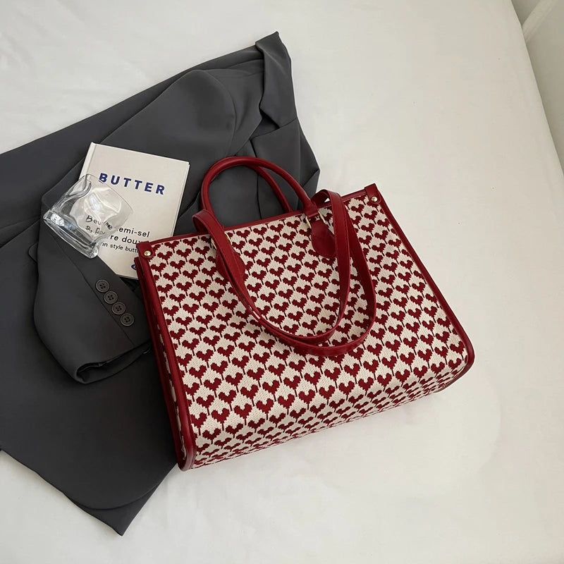 Maxy Red Love Heart Handbag For Women Large Capacity Cloth Travel Bag Fashion Hand Bag Retro Houndstooth Female Portable Tote Bag