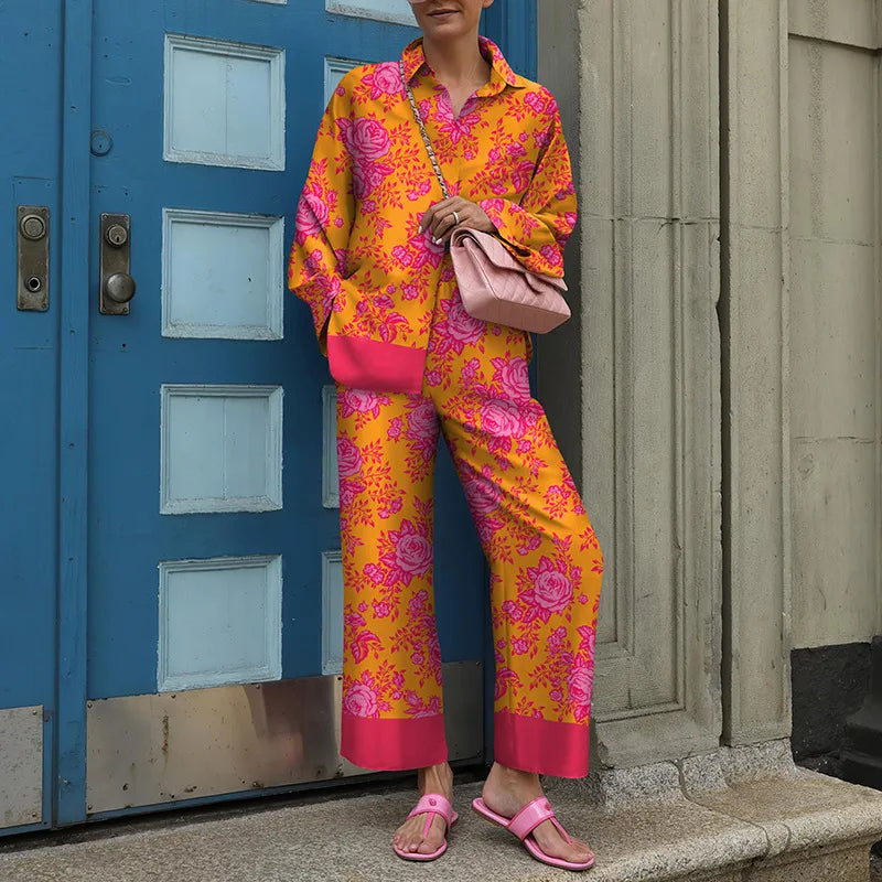 Maxy Autumn New Loose Vintage Printed Pant Sets Women Long Sleeve Shirts And Wide Legs Trousers Two Piece Set Fashion Streetwear