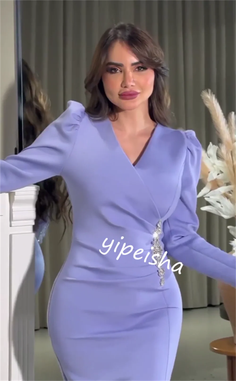 Maxy Exquisite Sparkle High Quality Jersey Button Rhinestone Valentine's Day Sheath V-neck Bespoke Occasion Gown Midi Dresses