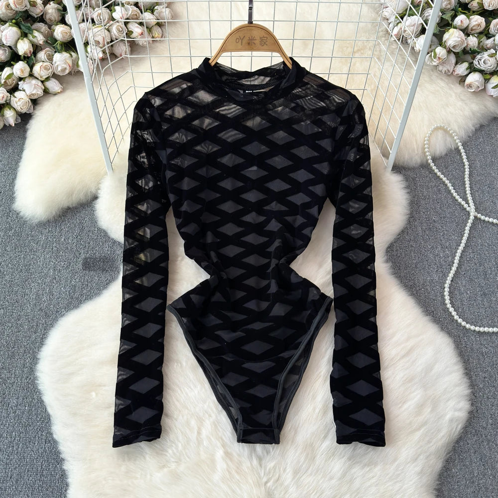 Maxy Foramina Bodysuits Women Fashion Hollow Out Mesh Long Sleeve Stand Collar Plaid Pattern Slim Waist Bodycon Night Club Body Tops