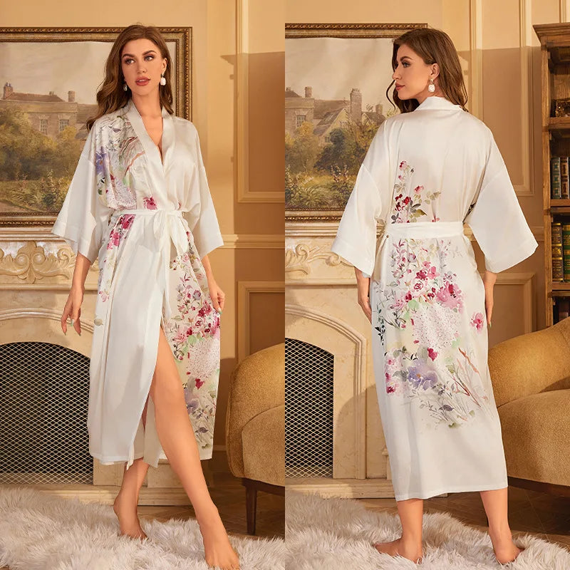 Maxy Japanese Style Half Sleeve Kimono Bathrobe Gown Female Long Robe Nightgown Sleepwear Loose Satin Print Flower Home Dressing Gown